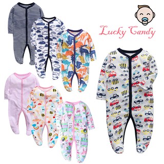Bộ áo liền quần LUCKYCANDY tay dài bằng vải cotton trơn dành cho bé trai bé gái 0-1 tuổi