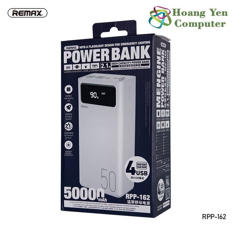 Sạc Dự Phòng Remax RPP-162 50000mAh Lõi Polymer 3 Cổng Sạc Vào, 4 Cổng Sạc Ra, Tích Hợp Đèn Led