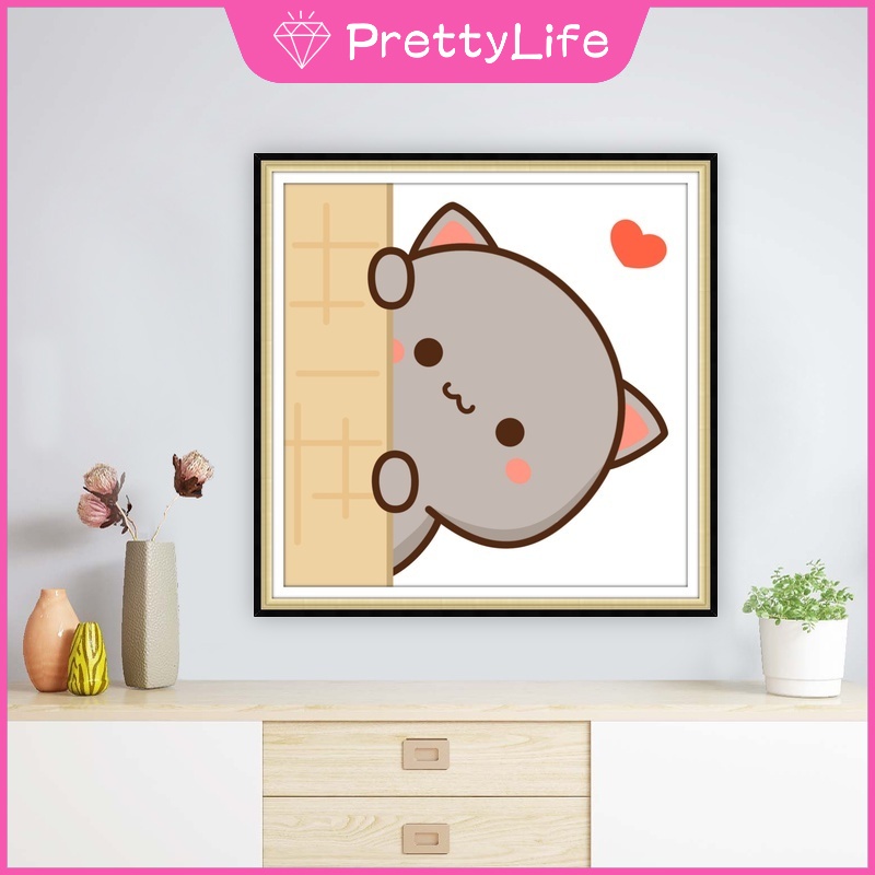 Bộ Tranh Đính Đá 5D Tự Làm 30x30cm / 40x40cm / 50x50cm Hình Mèo Đào Dễ Thương