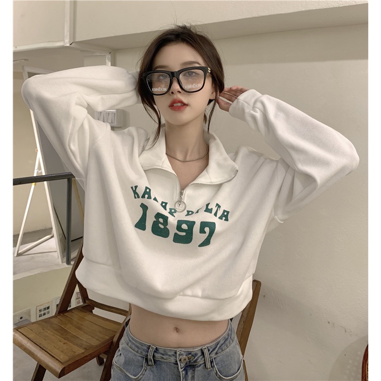 Áo Khoác Nữ Cổ Polo Có Dây Kéo In Chữ Mùa Thu Mới