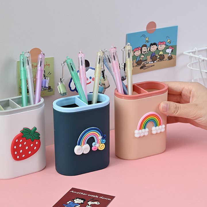 Hộp đựng bút, khay đựng bút 2 ngăn bằng nhựa để bàn học bàn làm việc nhiều màu