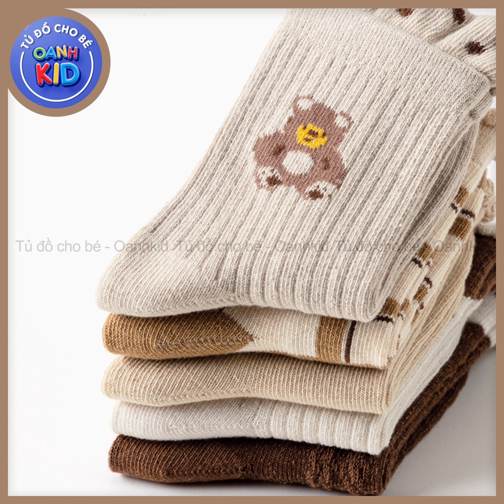 Sét 10 đôi Tất màu nâu họa tiết gấu cao cổ cho bé gái