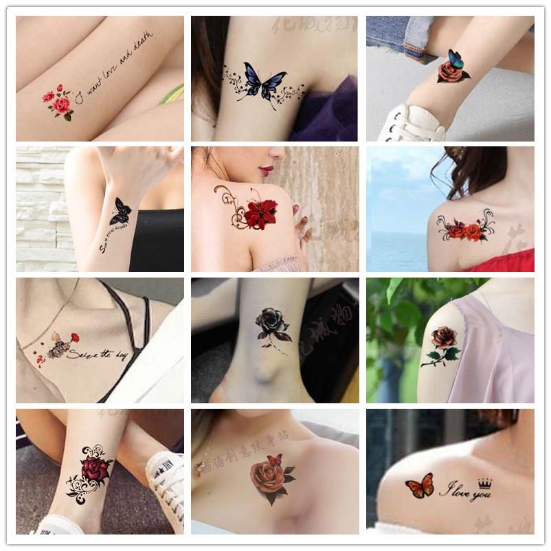 ¤Hình xăm dán không thấm nước nữ lâu dài mô phỏng ngực sexy mắt cá chân lưới màu đỏ bên kia hoa xương quai xanh hình xăm