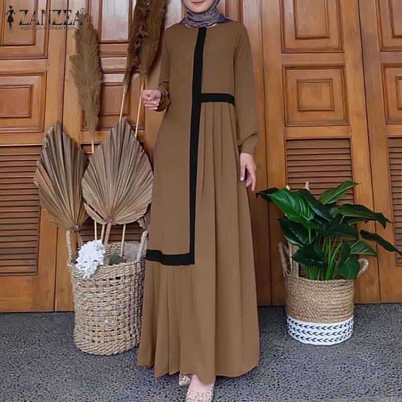 Đầm maxi  ZANZEA tay dài màu trơn phong cách vintage cho phụ nữ Hồi giáo