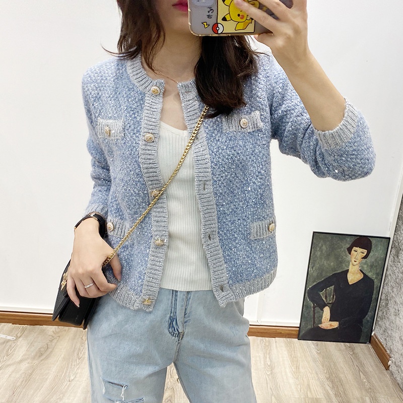 5BJS Maje 2022 French classic light blue sequin knitted cardigan short coat women's top