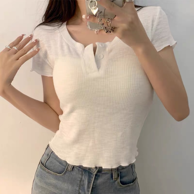 WANG JIAO ZHAN Áo Croptop Tay Ngắn Màu Trơn Cài Nút Kiểu Hàn Quốc Dễ Thương