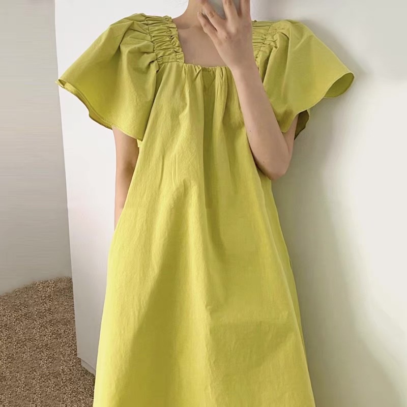 Váy nữ dáng rộng dài cổ vuông tay loe mỏng kiểu váy liền mùa hè
