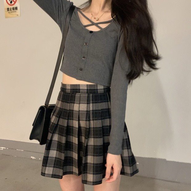 [Ảnh thật] Áo croptop len tăm body chéo dây dài tay -Áo croptop kiểu thun tăm dáng ôm ulzzang