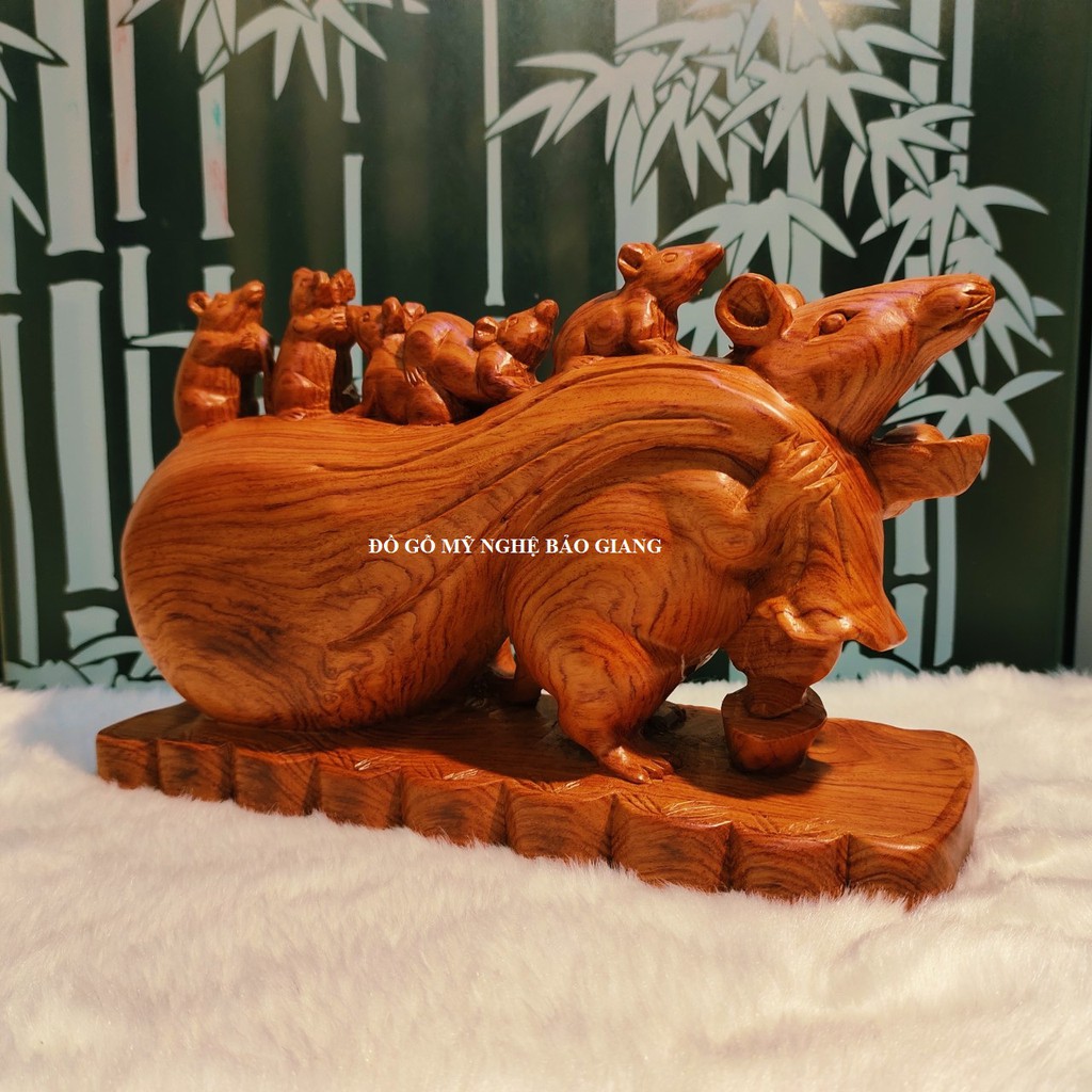 Tượng đàn chuột tài lộc gỗ hương dài 30 rộng 12 cao 19 cm