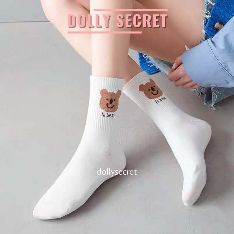 Tất cổ cao màu trắng hình gấu dễ thương cute phong cách Hàn Quốc chất liệu len cotton mềm mại cho nữ DOLLY SECRET T09