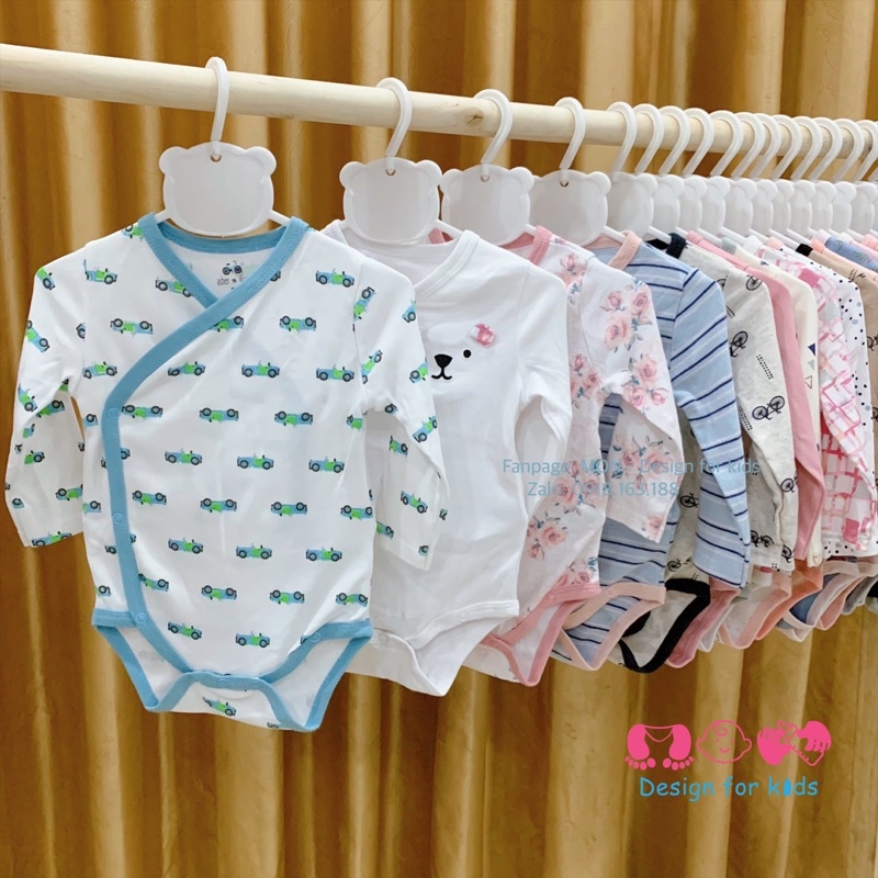 (Link 2) Bodysuit cho bé, body chip dài tay VẠT CHÉO cài cúc vải Organic cotton hàng xuất dư Asher O.livia