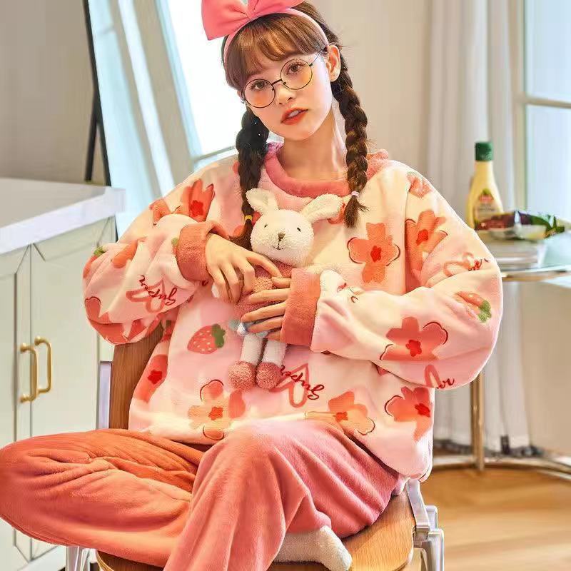 Bộ Đồ Ngủ Nữ - Pijama Quần Áo Mặc Ở Nhà Dài Tay Vải Nhung Bông Mùa Đông Xuân Thu Dễ Thương Ảnh Thật +Video BĐN09