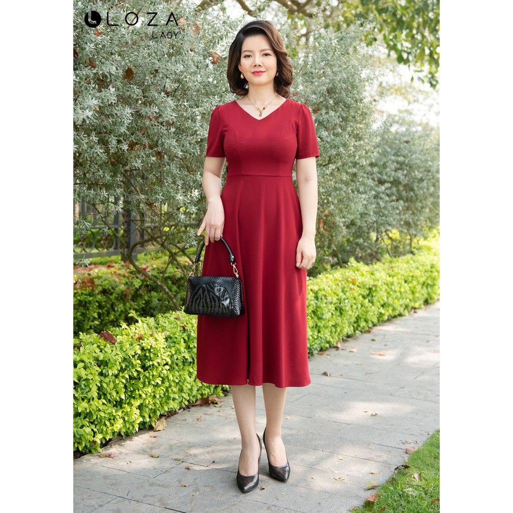 Đầm xòe trung niên cổ tim màu đỏ LOZA LAD2030
