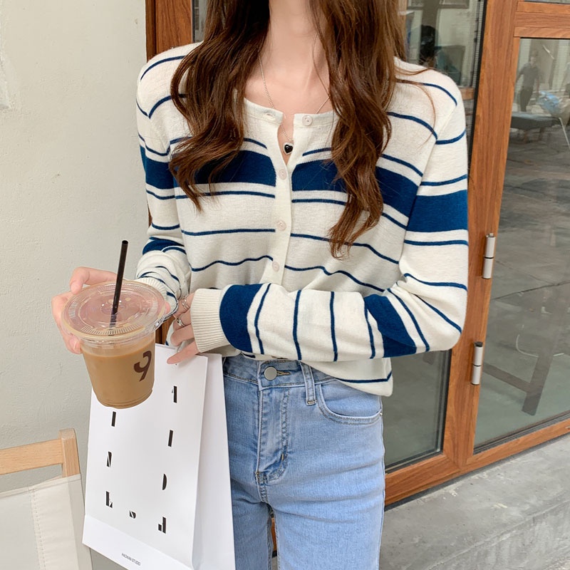 Áo Khoác Cardigan Dệt Kim Tay Dài Họa Tiết Kẻ Sọc Thời Trang Hàn Quốc Cho Nữ