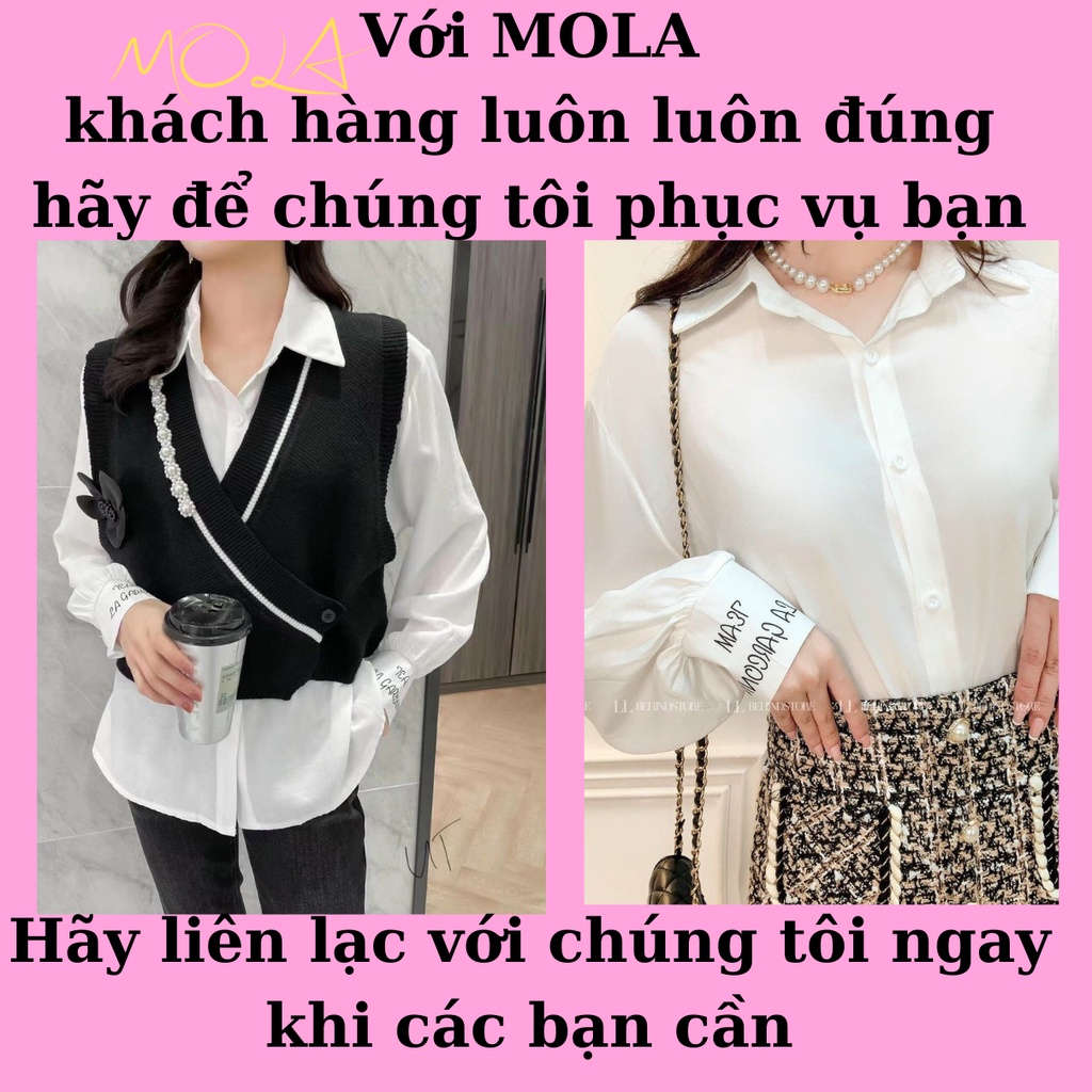 Áo Sơ Mi Phối GiLe Trắng MOLA Form Rộng Dài Tay Thêu Chữ Kiểu Tay Bo Phồng Dáng Dài Phong Cách Hàn Quốc Mix Kèm áo Gile | BigBuy360 - bigbuy360.vn