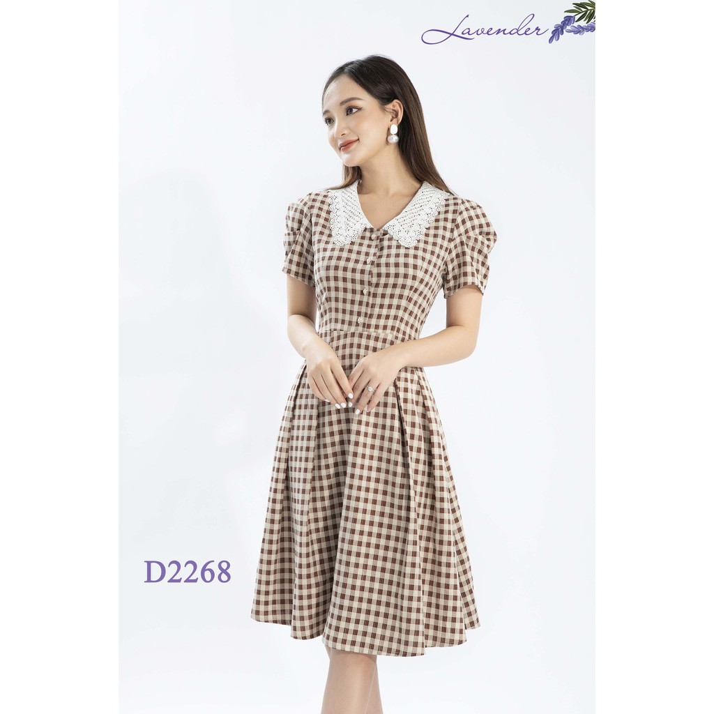 Đầm dáng xòe họa tiết kẻ ô dáng xòe xếp ly cổ phối ren hoa sang trọng quý phái hàng thiết kế chất đẹp