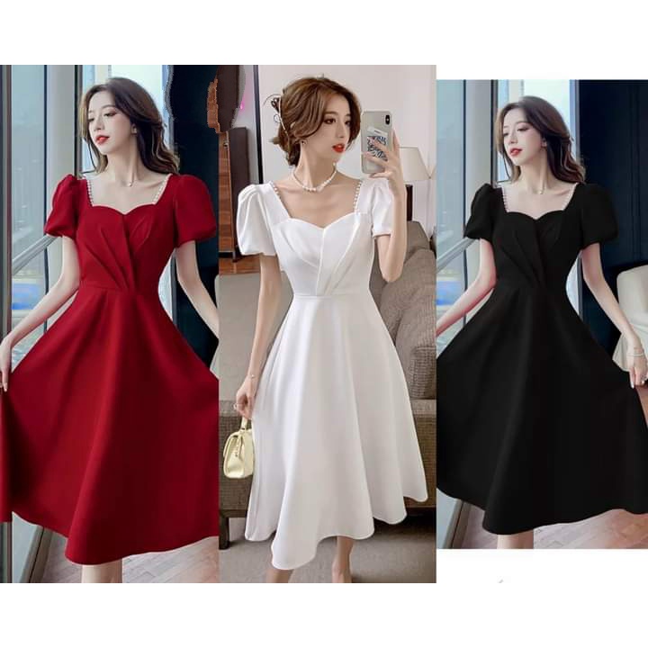 Váy đầm nữ dáng xoè tay phồng kết cườm xếp ly ngực kiểu dáng thanh lịch