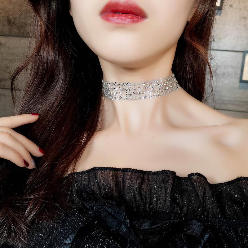 Vòng cổ choker bạc hạt liền lấp lánh dây chuyền phụ kiện thiết kế thời trang
