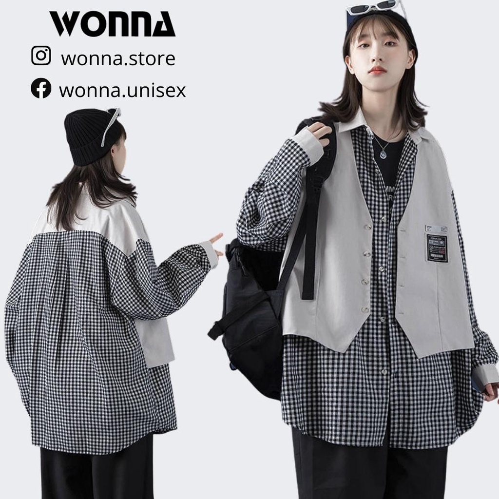 Áo khoác áo vest gile phối áo sơ mi caro trắng đen ulzzang unisex oversized Hàn Quốc street style nam nữ