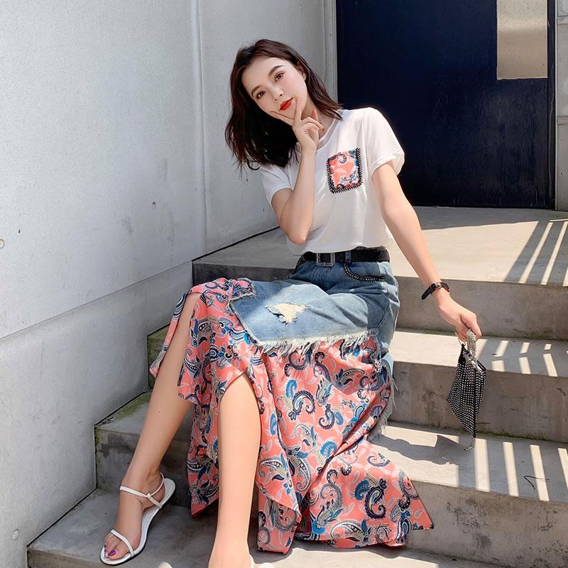 Set Áo Thun Ngắn Tay Đính Hạt + Chân Váy Denim Thời Trang Nữ