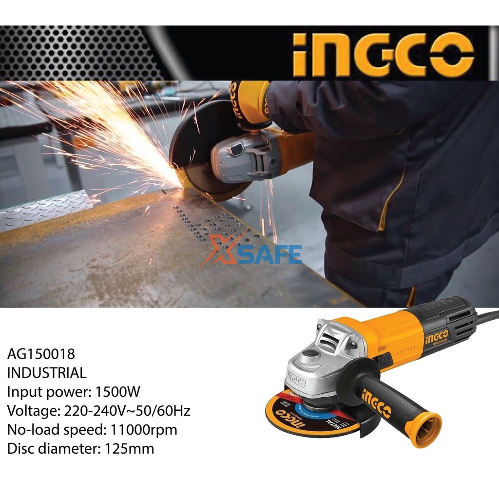 Máy mài góc INGCO 1500W AG150018 Máy mài cầm tay đường kính đĩa mài 125mm, lỗ cốt M14 kèm tay cầm nhựa, chổi than, cờ lê