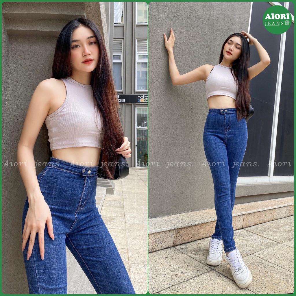 [SIÊU CO GIÃN]Quần Jeans Nữ AIORI dài lưng cao không túi 2 nút bấm 4 màu bò trơn skinny jeans ôm tôn dáng co giãn tốt