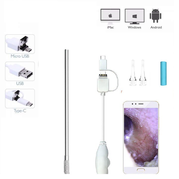 Camera 3 in 1 nội soi tai, mũi, họng dạng bút kim loại có 6 đèn Led đường kính 5.5mm   Visual Earwax Clean Tool