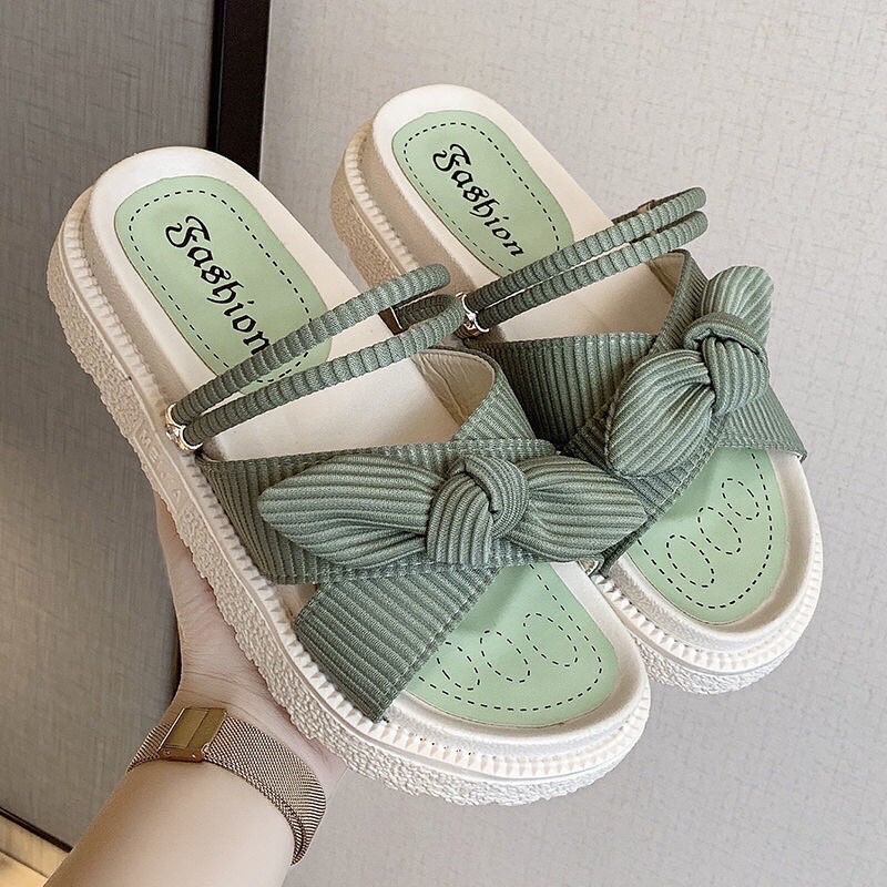 DÉP QUAI NỮ ĐỘN ĐẾ BÁNH MÌ -SANDAL DÂY CHỈNH NƠ XOẮN