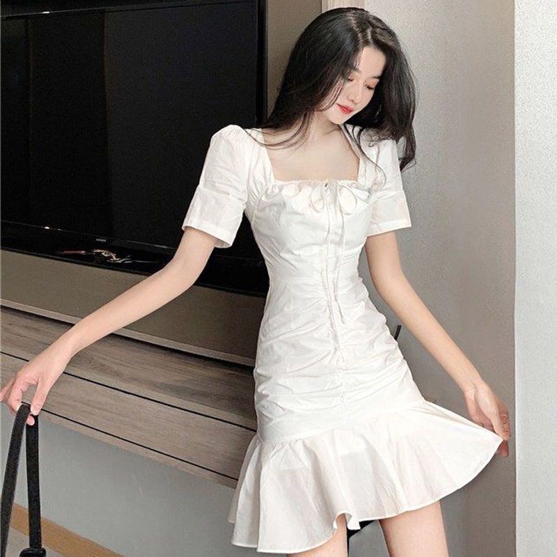 Đầm Tay Ngắn Cổ Vuông Sọc Caro Thời Trang Cho Nữ