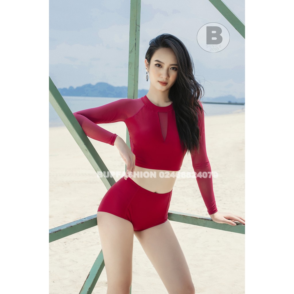 TB042 set bikini 2 mảnh dài tay màu đỏ