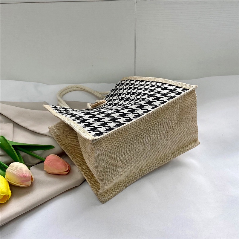 Túi Đựng Cơm Trưa Bằng Vải Lanh Họa Tiết Houndstooth Đơn Giản Thời Trang Mùa Thu Dành Cho Nữ
