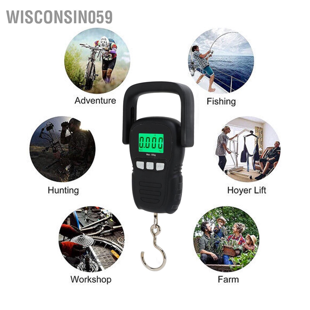 Wisconsin059 Cân treo kỹ thuật số Phạm vi 50kg Còng bằng thép không gỉ chống thấm S Móc Vỏ nhựa cần cẩu điện tử cầm tay