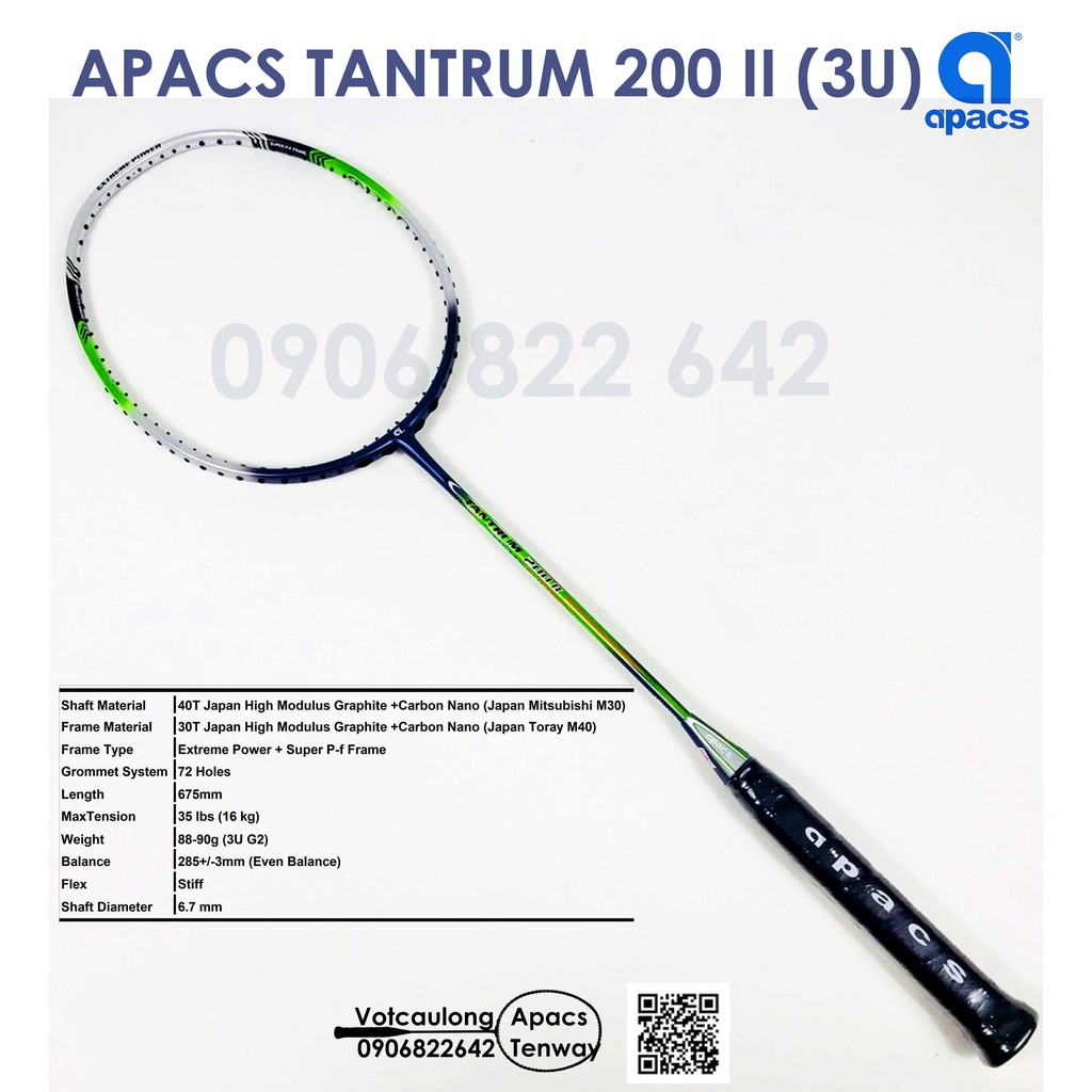 [Vợt cầu lông Apacs Tantrum 200 II - 3U] -  thân đũa chống cản gió, đập cầu cực êm