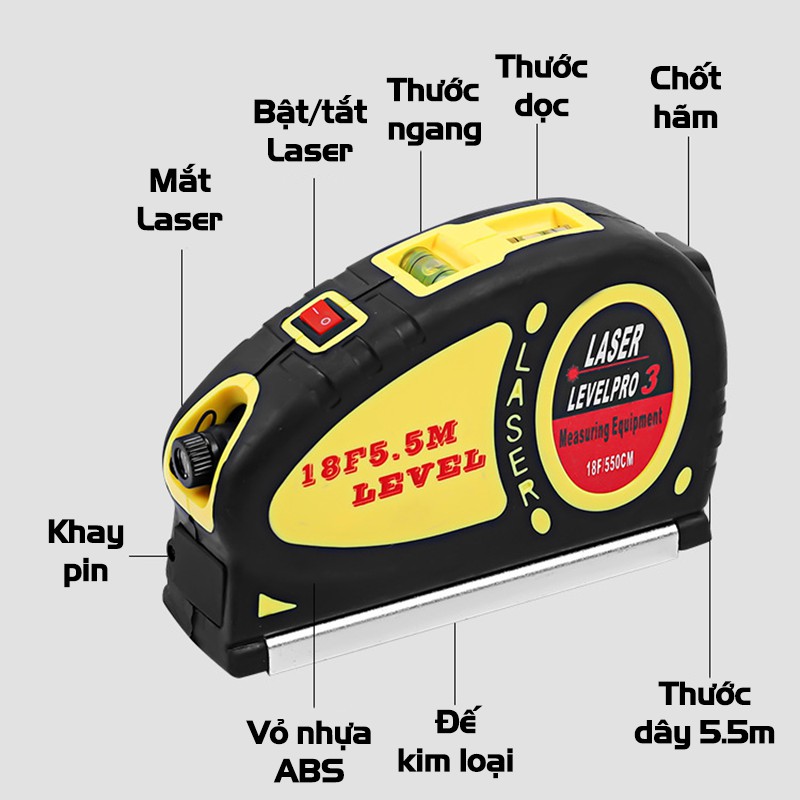 Thước Thủy Livo Laser Đa Năng VITO Cân Mực Laser Có Thước Rút 5.5M Bỏ Túi