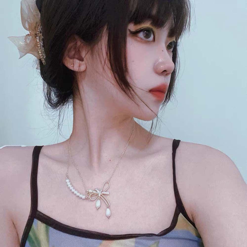 Vòng Cổ Ngọc Trai Đơn Giản Phong Cách Retro|Dây Chuyền Mặt Nơ Kim Loại Đính Đá Nhiều Màu Phong Cách Hàn Quốc Sang Trọng Cho Nữ