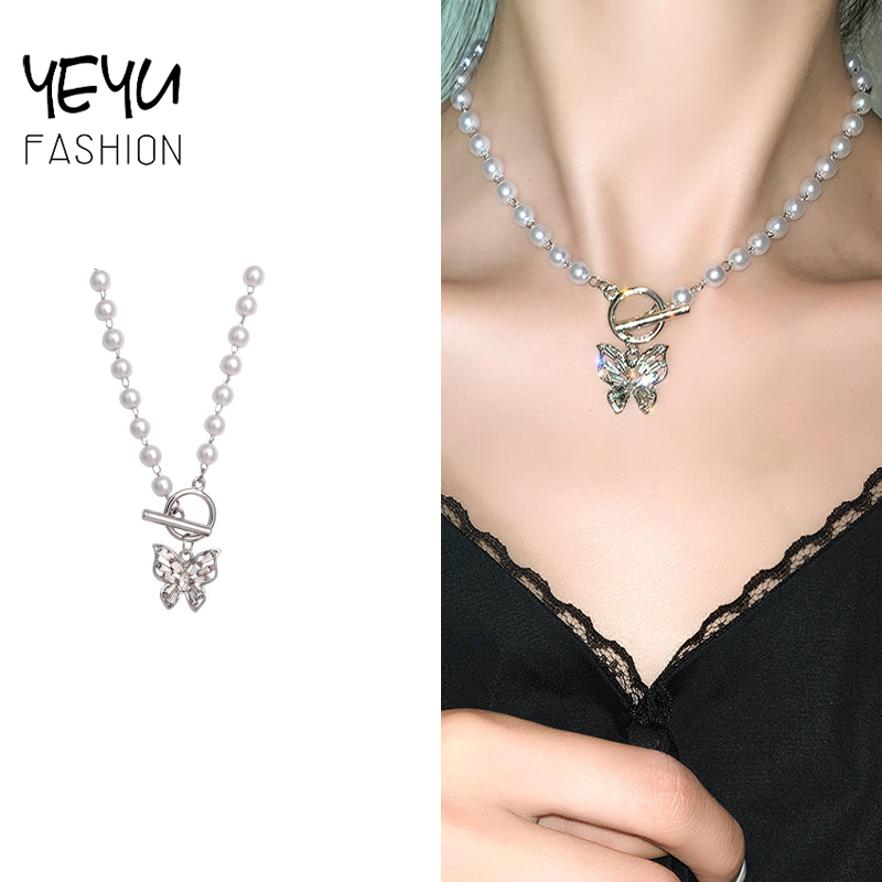 Dây Chuyền Choker Hình Bướm Đính Ngọc Trai Phong Cách Hàn Quốc