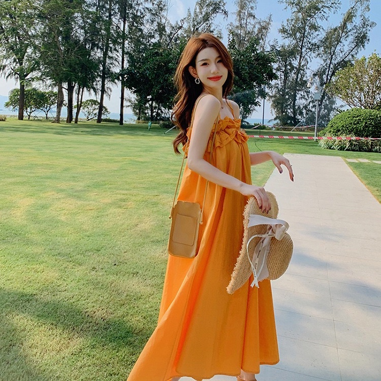 Đầm 2 dây nhún bèo Váy hai dây maxi đi biển sang chảnh