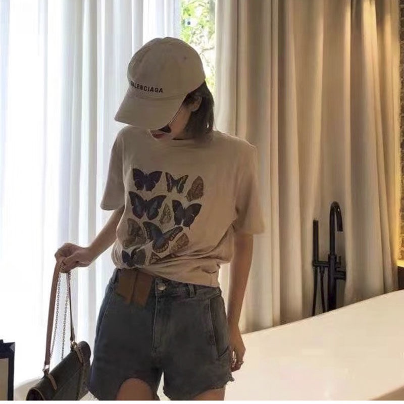 IELGY Áo thun tay ngắn dáng rộng in họa tiết bươm bướm phong cách cổ điển dành cho nữ