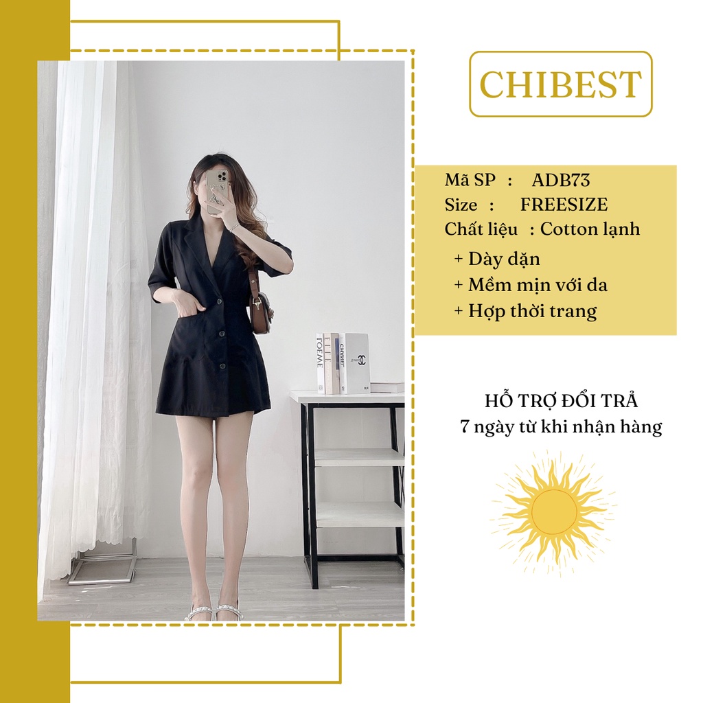 Đầm cổ vest tay ngắn kiểu xòe ngắn cổ v trơn basic cut out khoét lưng  2 túi ADB73 CHIBEST