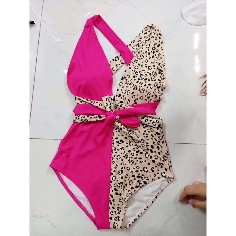 Bikini 1 Mảnh Da Báo Phối Hồng Lạ Mắt, Bodysuit ĐI Biển Xẻ Ngực Dây Chéo Lưng Mix Màu Nổi Bật [Ảnh Chụp Thật] - OS085