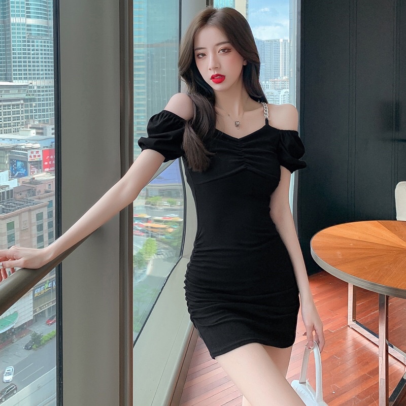 Đầm trễ vai tay phồng tiểu thư, váy body nhún ngực tay ngắn phối xích mặc được hai kiểu