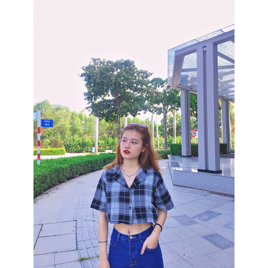 Áo Sơ Mi Croptop Tay Ngắn Kẻ Caro Chất Thô MềmÁo Croptop Cổ Vest Kẻ Caro
