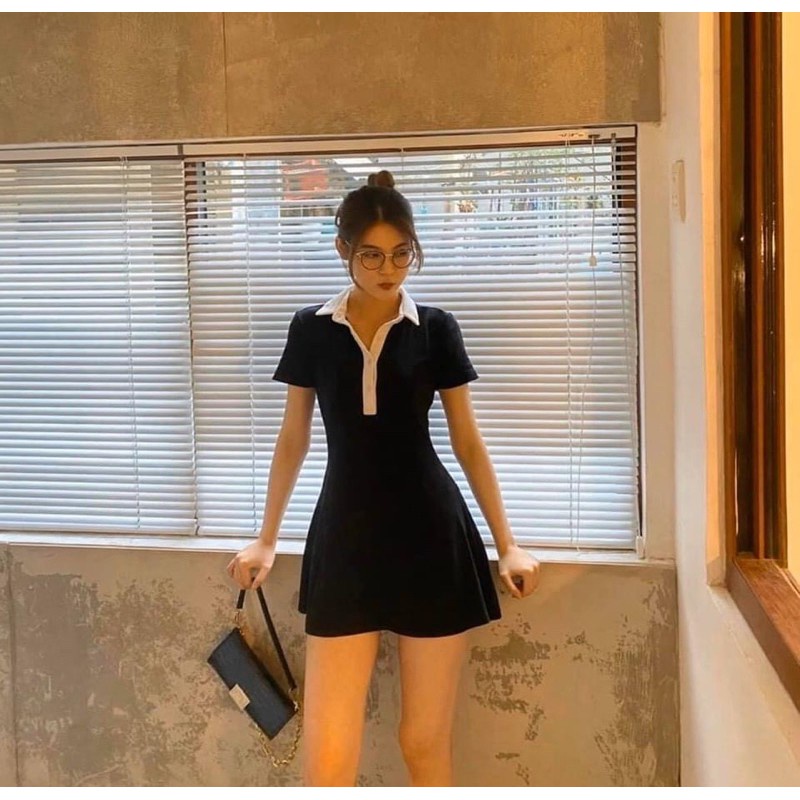 Váy polo cổ bẻ viền trắng body dáng ôm - Đầm nữ thun tăm cộc tay phong cách retro hàn quốc đẹp ulzzang