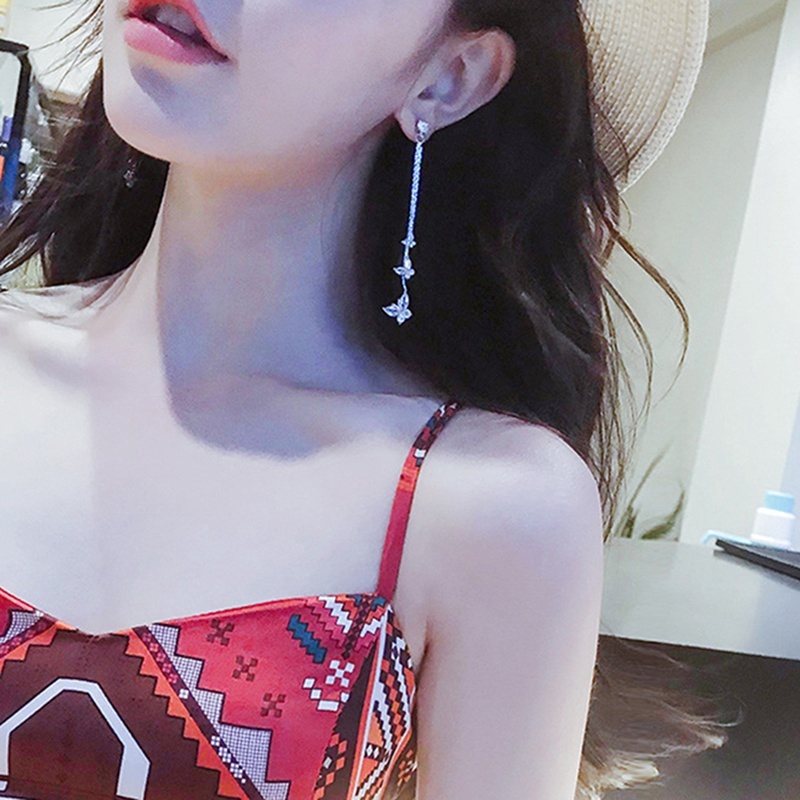 Butterfly Long Tassel Flower Earrings Rhinestone Earrings Personality Simple Wild Earrings