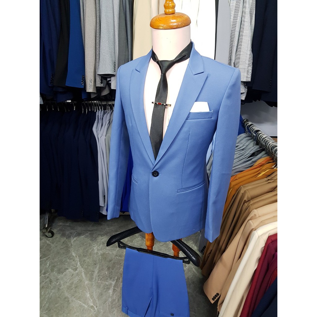 Bộ vest nam ôm body màu xanh chất vải mềm mịn + cà vạt kẹp