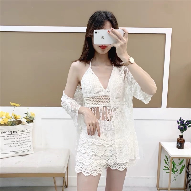 Set biển mới - set 3 món - áo bra tua rua dài + quần ren tầng + choàng ren hoa hồng (có tách rời)