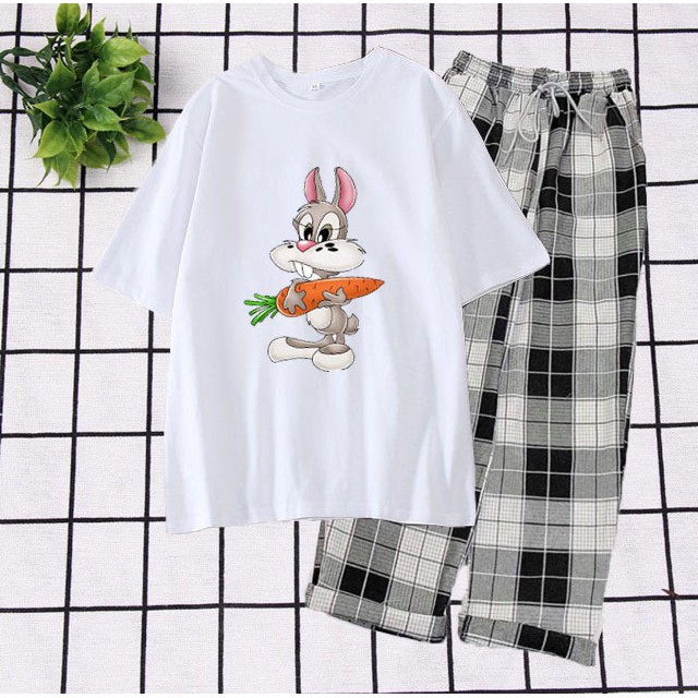 Sét Bộ Đồ Quần Áo Nữ Đẹp Giá Rẻ Xinh Cute, Áo Thun Phông Cotton Organic In Thỏ Ăn Cà Rốt Kèm Quần Thô Kẻ &amp; Jogger Kaki