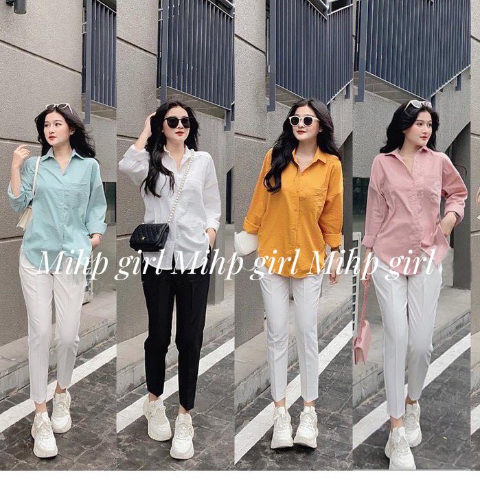 Áo sơ mi trơn nữ dài tay from rộng chất vải đũi Free size từ 45kg đến 65kg.
