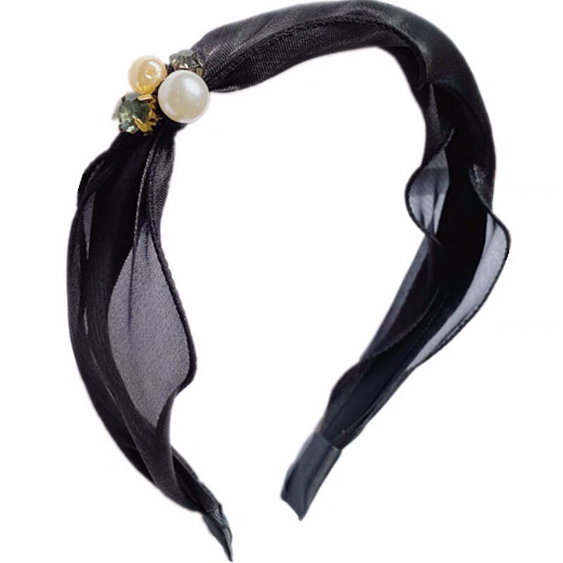 Băng đô ngọc trai nhân tạo phối vải voan bờm tóc nơ phong cách Hàn Quốc tiểu thư sang chảnh xinh xắn cho nữ Aikimo BT15