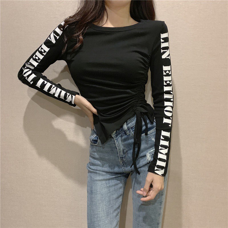 Áo Thun Nữ Tay Dài Dây Rút In Chữ